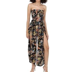 Angie Black Floral Smocked Bodice Slit Wrap Pants Jumpsuit